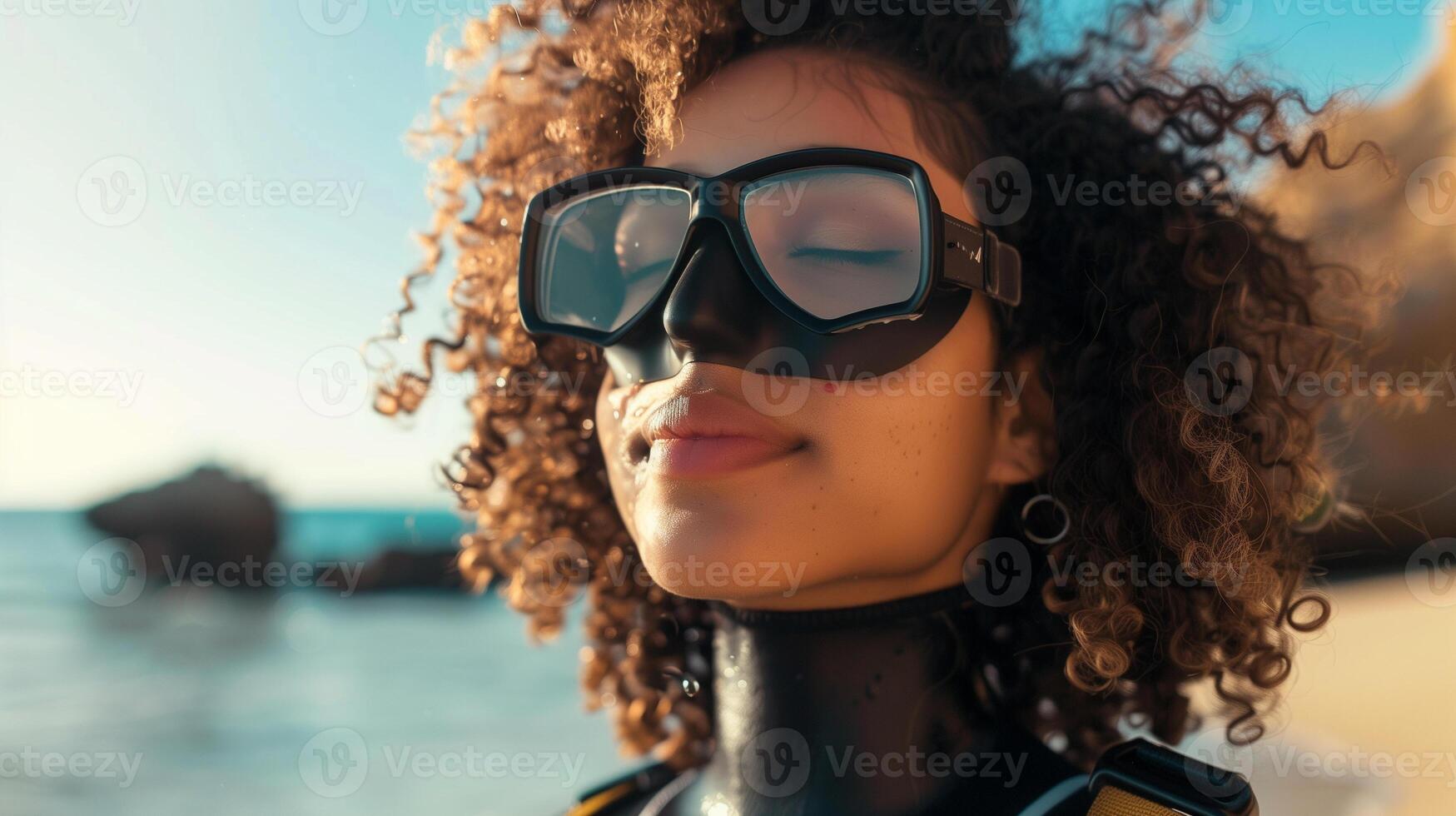 AI generated woman with curly hair with eyes closed in a bulky black rubber drysuit and wearing a sleek black scuba diving mask photo