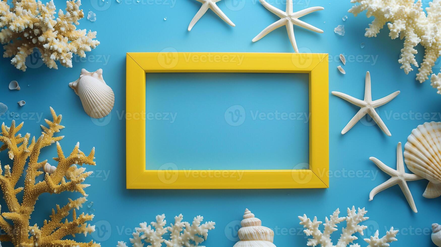 AI generated yellow empty frame with space for text, against blue background background surrounded by sea stars photo