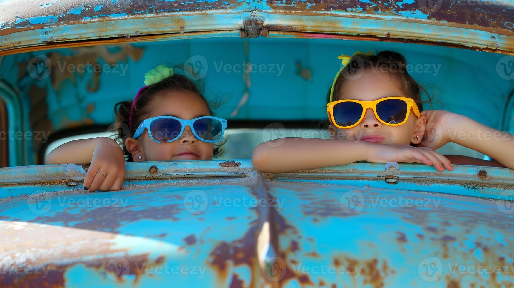 ai generado dos linda pequeño muchachas en antiguo azul coche vistiendo vistoso Gafas de sol en el verano hora foto