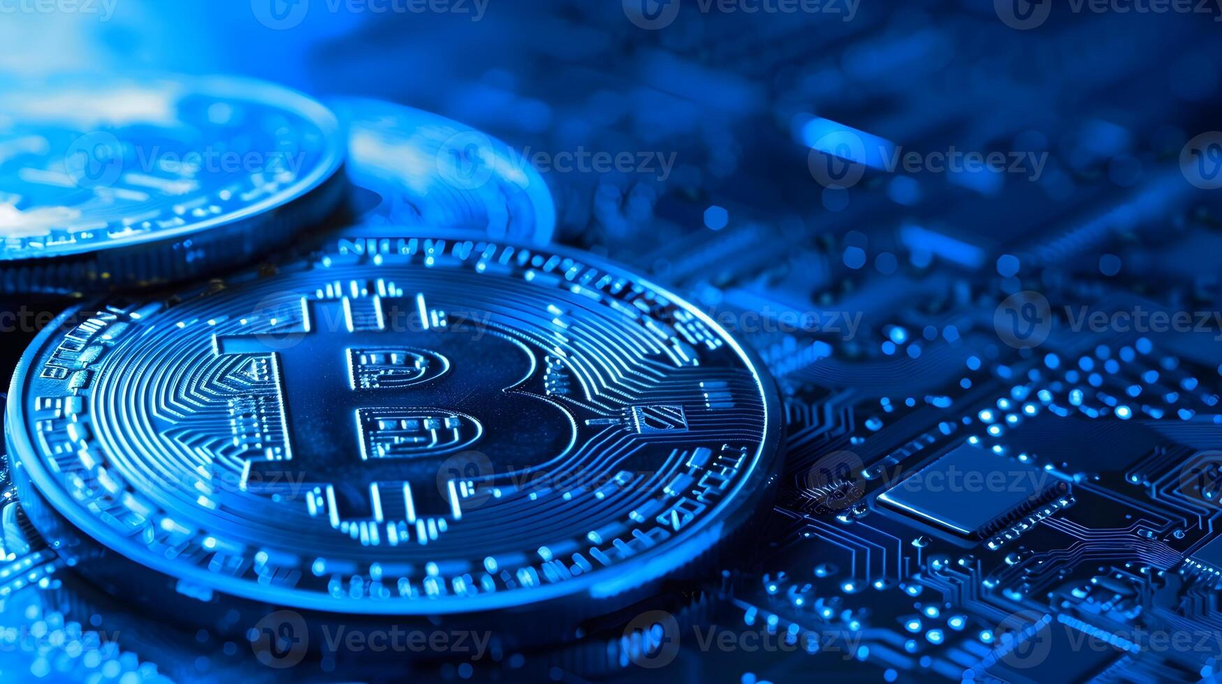 AI generated Blue Hologram of Bitcoin and Digital Currencies on a Circuit Board Symbolizing the Impact of Blockchain Technology in Financial Management and Cyber photo