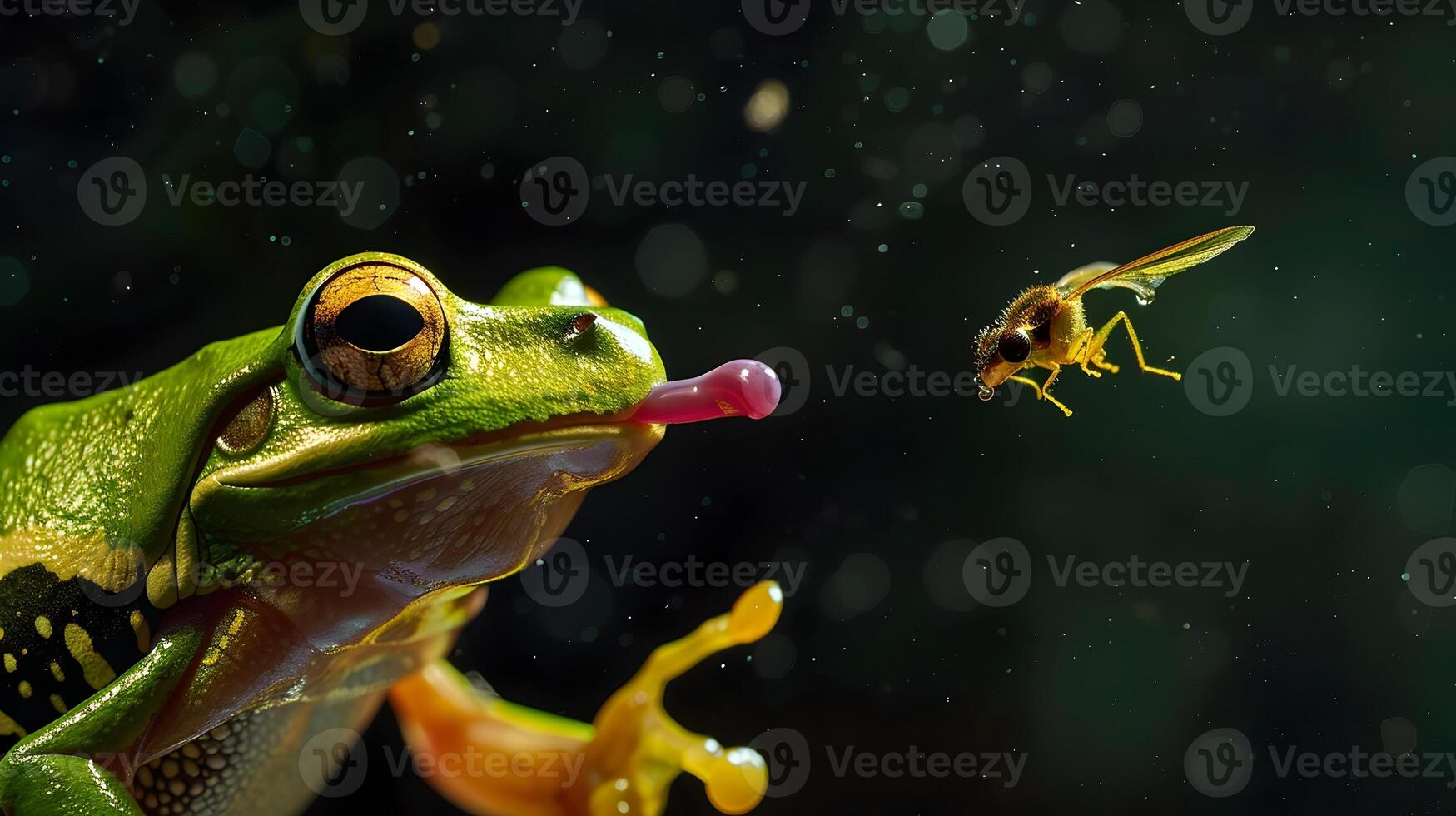 AI generated Green Tree Frog Poised in Mid-Air A Dynamic Moment Captured in Nature Photography photo