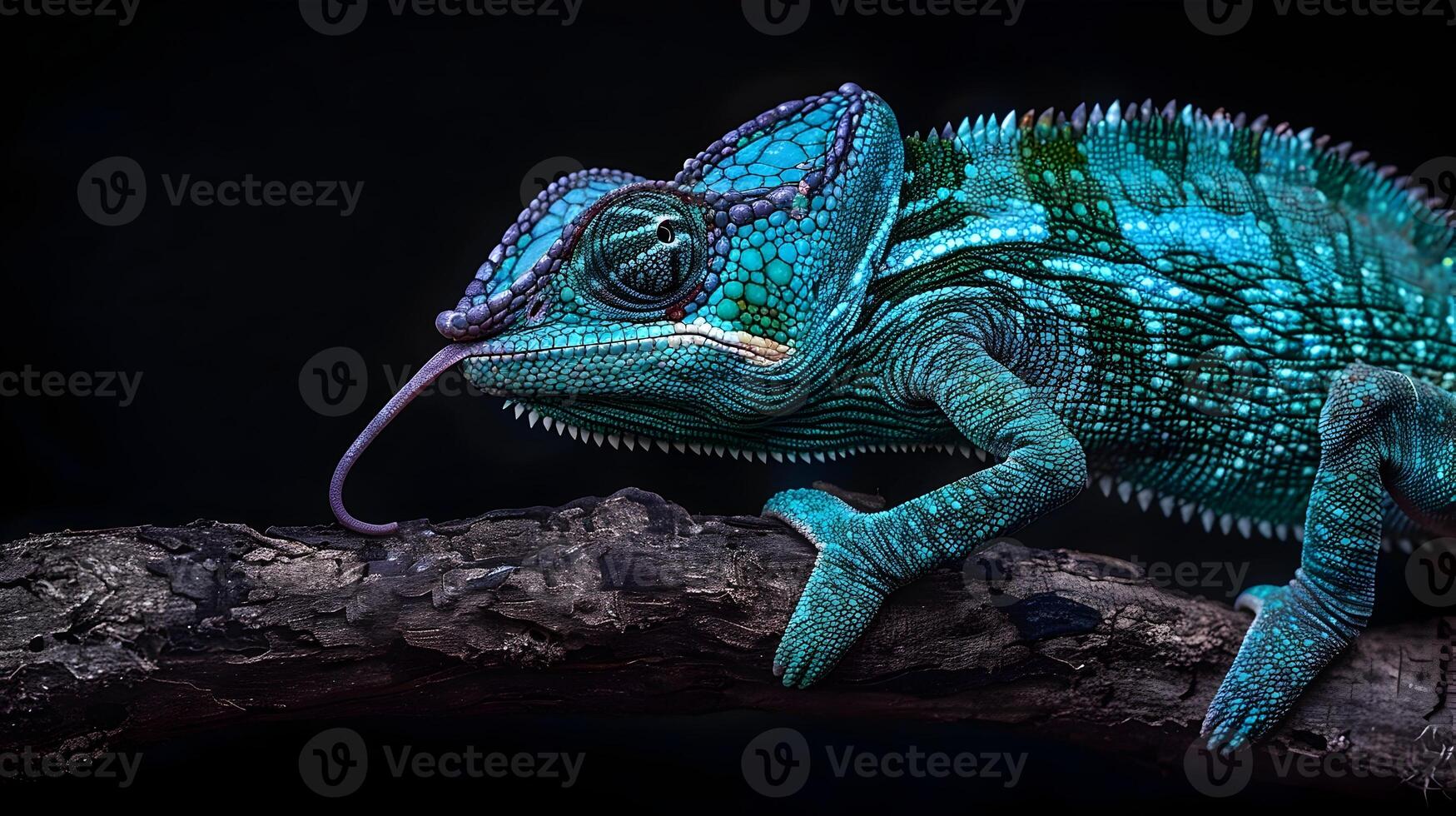 ai generado vibrante azul y verde camaleón extensión sus lengua, a proporcionar un alta calidad y realista valores foto de un vibrante azul y verde camaleón