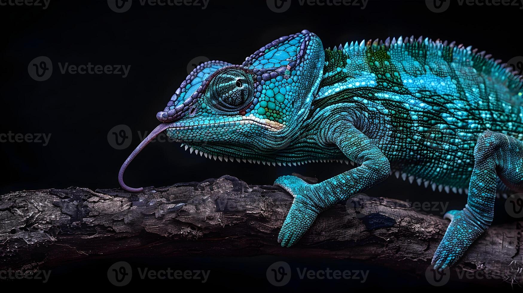 AI generated Vibrant Blue and Green Chameleon Extending its Tongue, To provide a high-quality and realistic stock photo of a vibrant blue and green chameleon