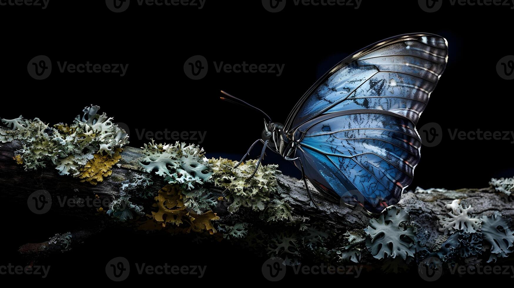 AI generated Blue Morpho Butterfly on Lichen-Covered Branch Against a Black Background, To provide a captivating and high-quality image of a blue morpho butterfly photo