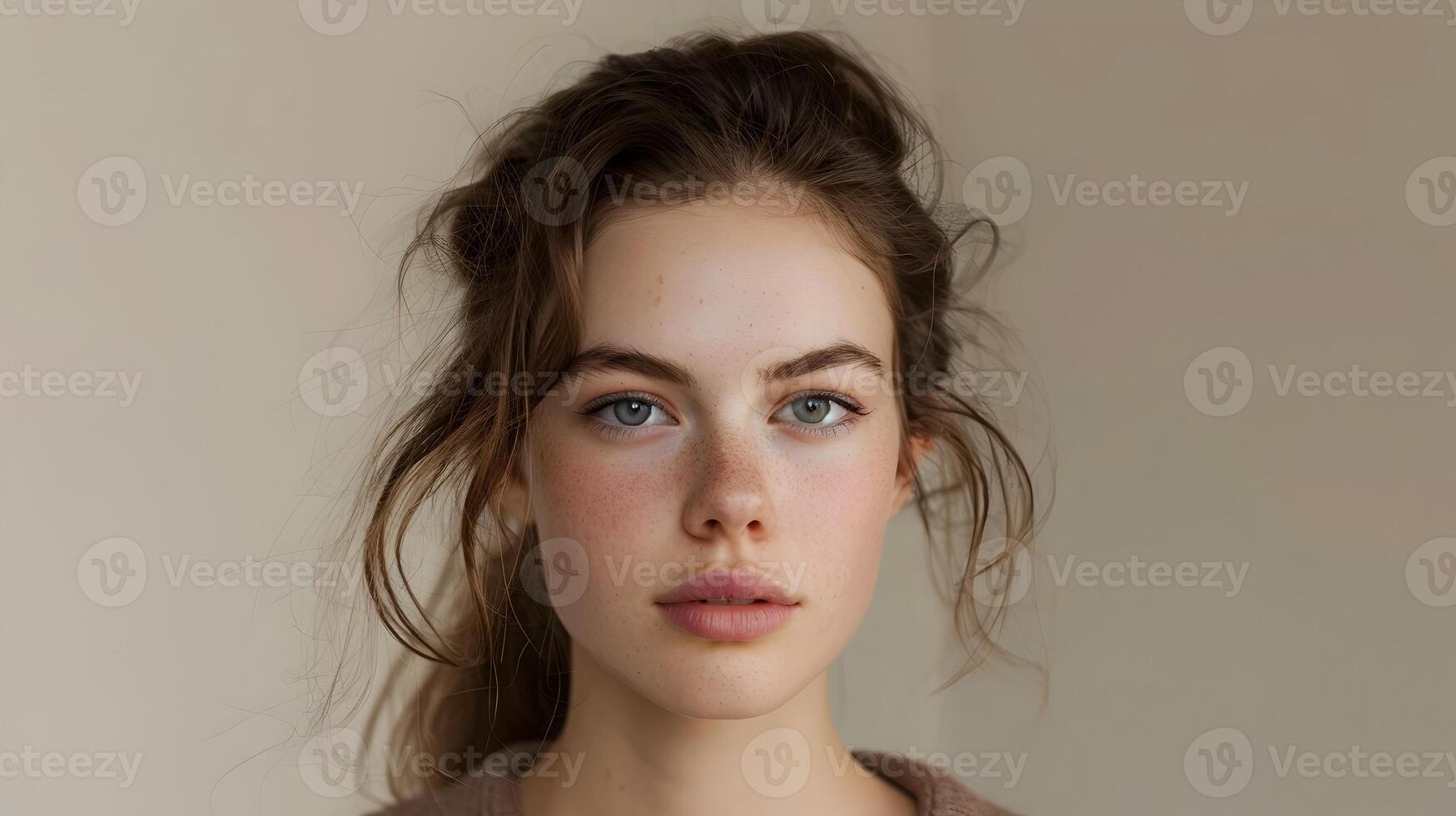 AI generated Young Woman with Faint Smile and Natural Makeup, To convey a sense of calmness, positivity, and natural beauty for beauty and fashion industries photo