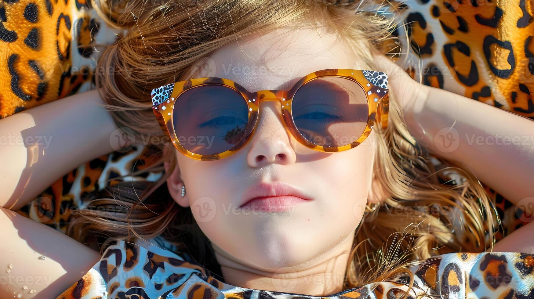 AI generated Girl Wearing Leopard Print Sunglasses in Crystal Style, To convey a sense of fashion and style, suitable for fashion, accessory, and lifestyle photo