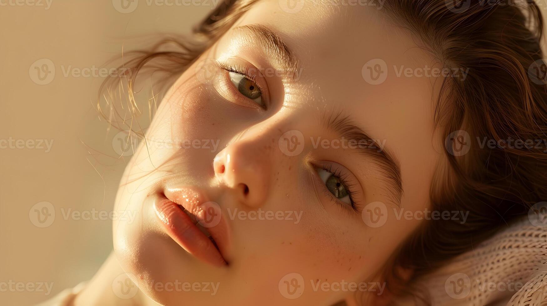 AI generated A Young Woman in Soft Sunlight A Portrait of Intimacy and Serenity, To convey a sense of intimacy and serenity in a portrait of a young woman photo