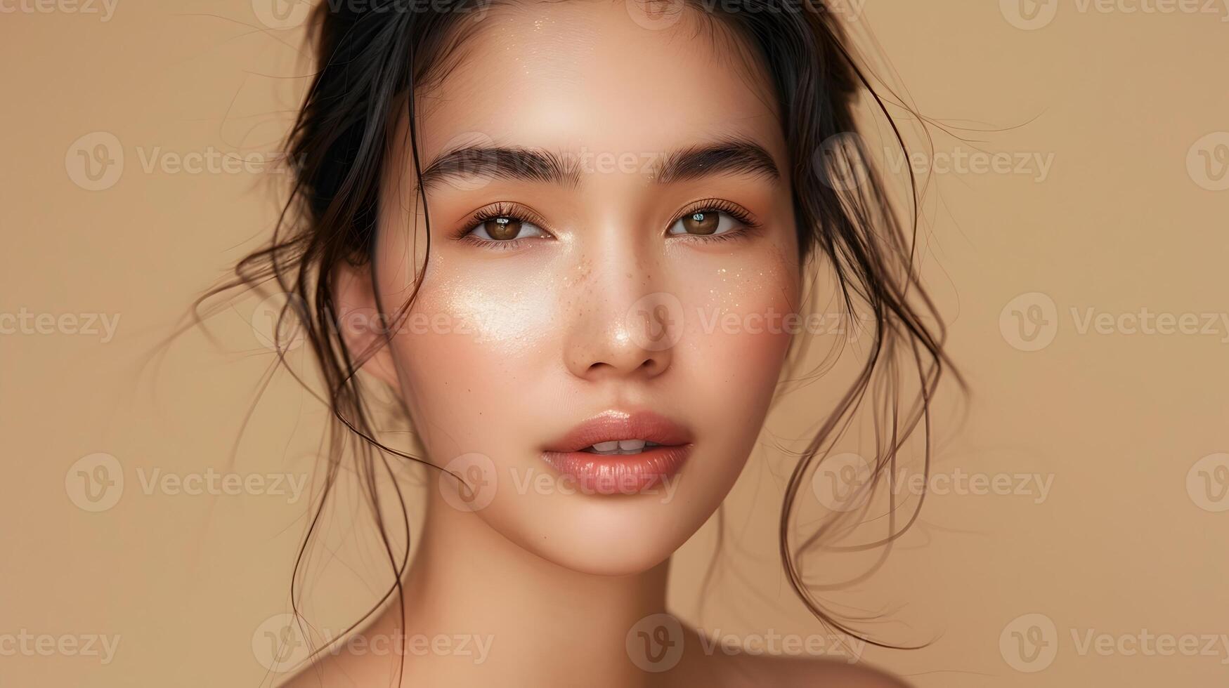 AI generated Asian Woman Radiant in Natural Makeup, This image is perfect for advertising or magazine cover designs that emphasize beauty, skincare, and natural photo