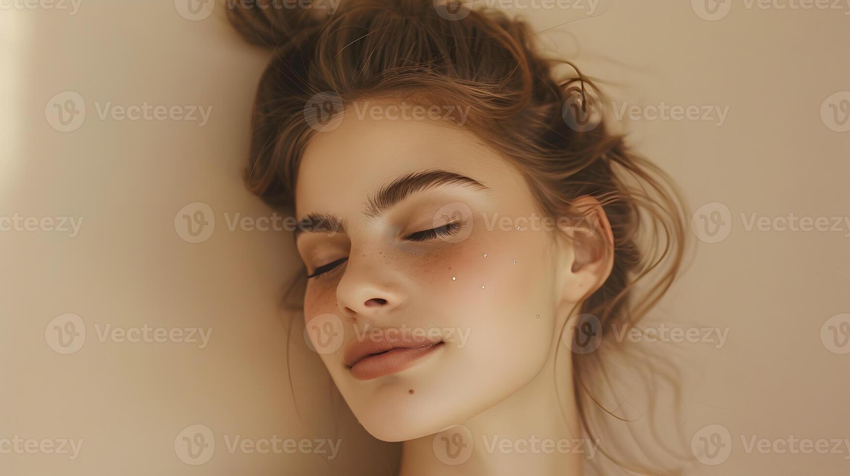 AI generated Peaceful Woman Resting with Eyes Closed and Gentle Smile, To convey a sense of peace, relaxation, and tranquility, highlighting the beauty and warmth photo