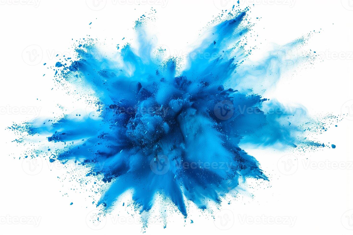 AI generated A dynamic and vibrant explosion of blue powder creating an abstract cloud, isolated on a white background, evoking a sense of motion and energy. photo