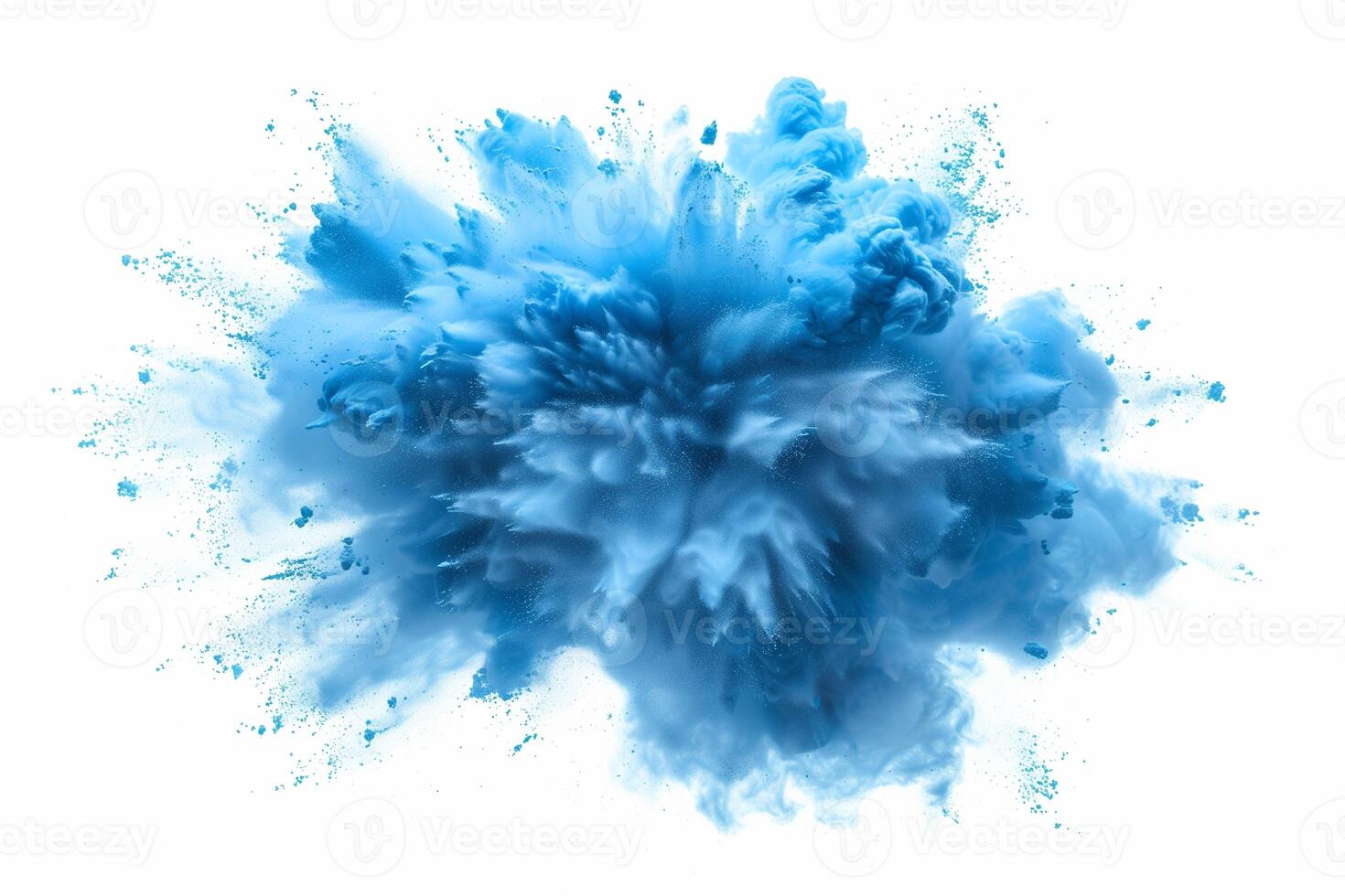 AI generated A dynamic and vibrant explosion of blue powder creating an abstract cloud, isolated on a white background, evoking a sense of motion and energy. photo