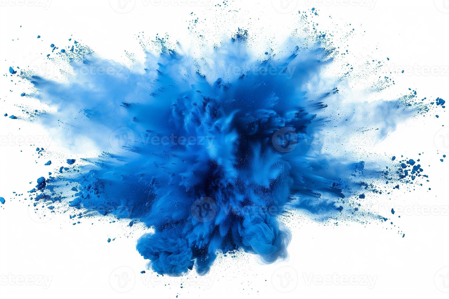 AI generated A dynamic and vibrant explosion of blue powder creating an abstract cloud, isolated on a white background, evoking a sense of motion and energy. photo