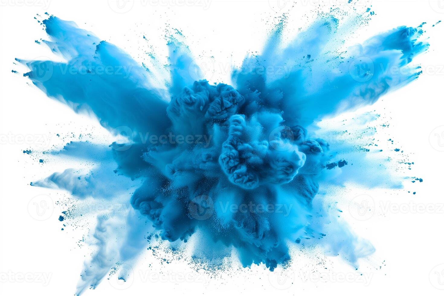 ai generado un dinámica y vibrante explosión de azul polvo creando un resumen nube, aislado en un blanco fondo, evocando un sentido de movimiento y energía. foto