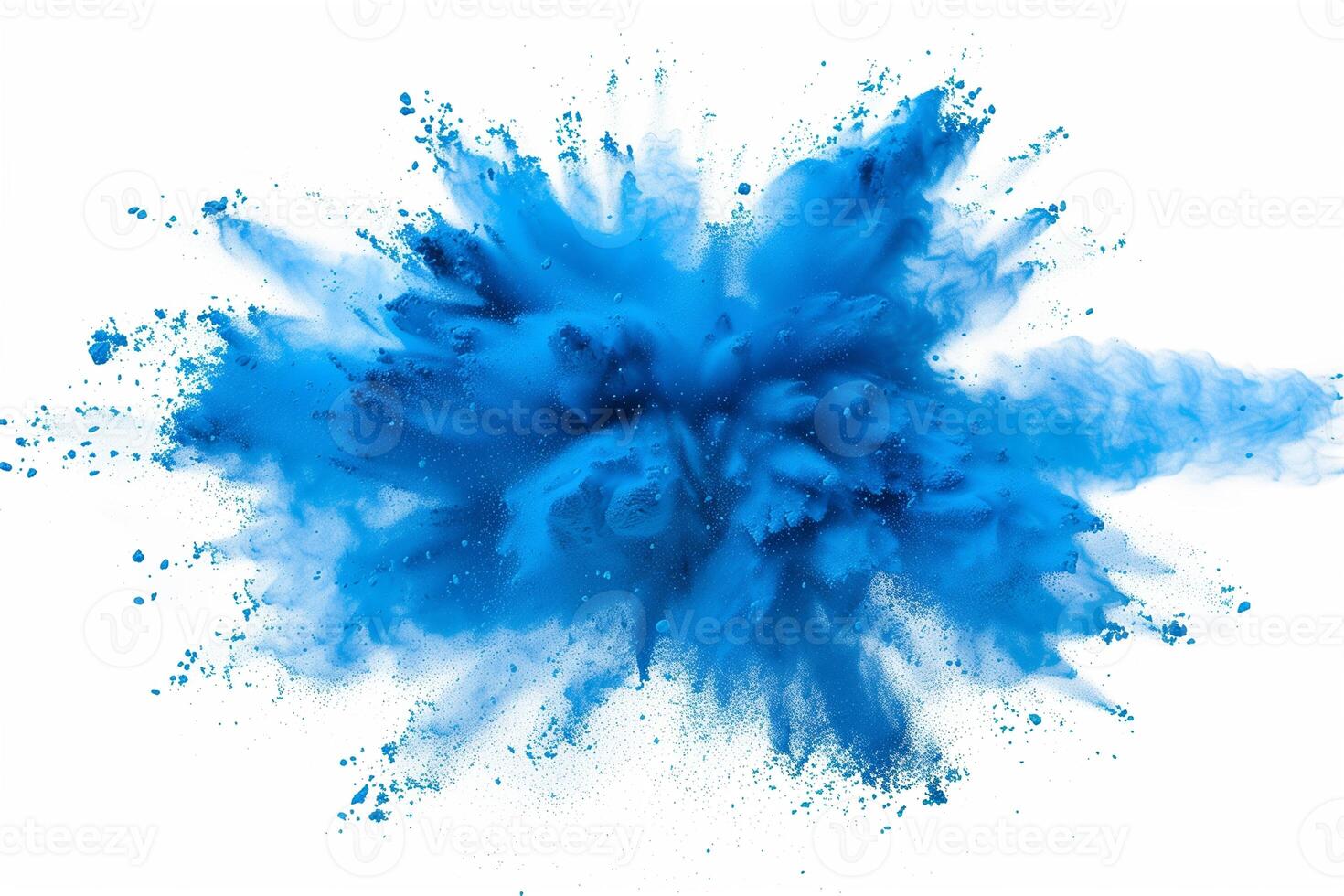 AI generated A dynamic and vibrant explosion of blue powder creating an abstract cloud, isolated on a white background, evoking a sense of motion and energy. photo