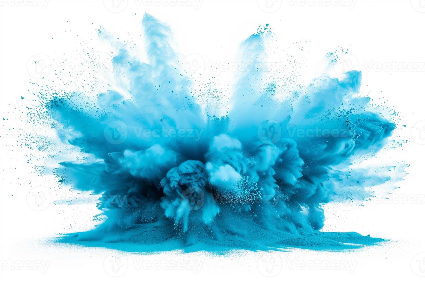 AI generated A dynamic and vibrant explosion of blue powder creating an abstract cloud, isolated on a white background, evoking a sense of motion and energy. photo