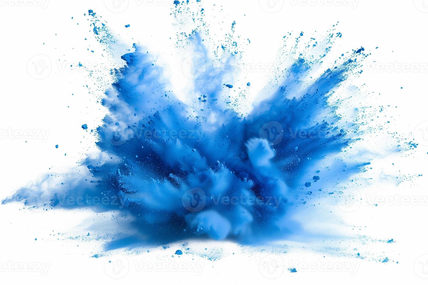 AI generated A dynamic and vibrant explosion of blue powder creating an abstract cloud, isolated on a white background, evoking a sense of motion and energy. photo