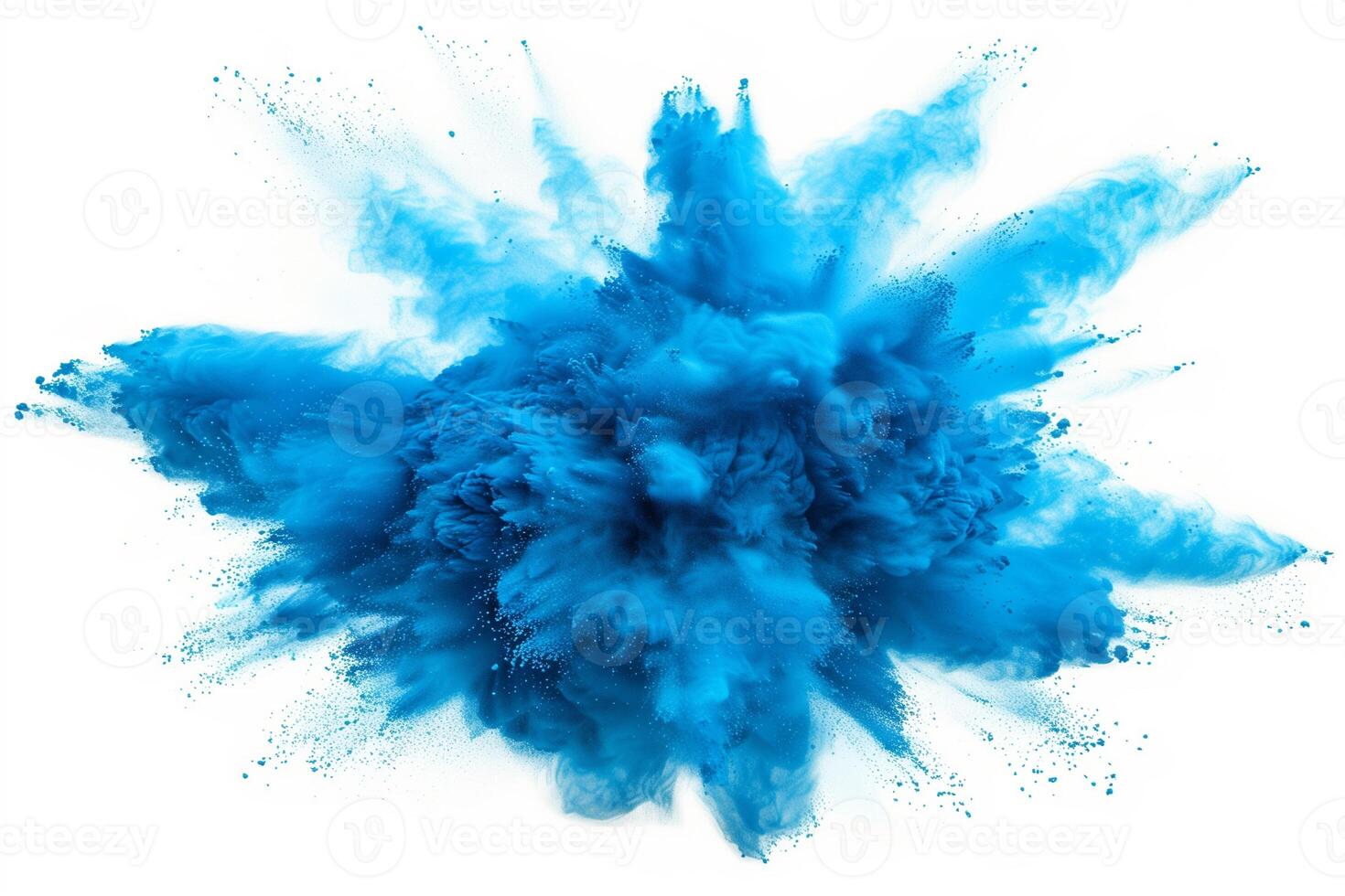 AI generated A dynamic and vibrant explosion of blue powder creating an abstract cloud, isolated on a white background, evoking a sense of motion and energy. photo