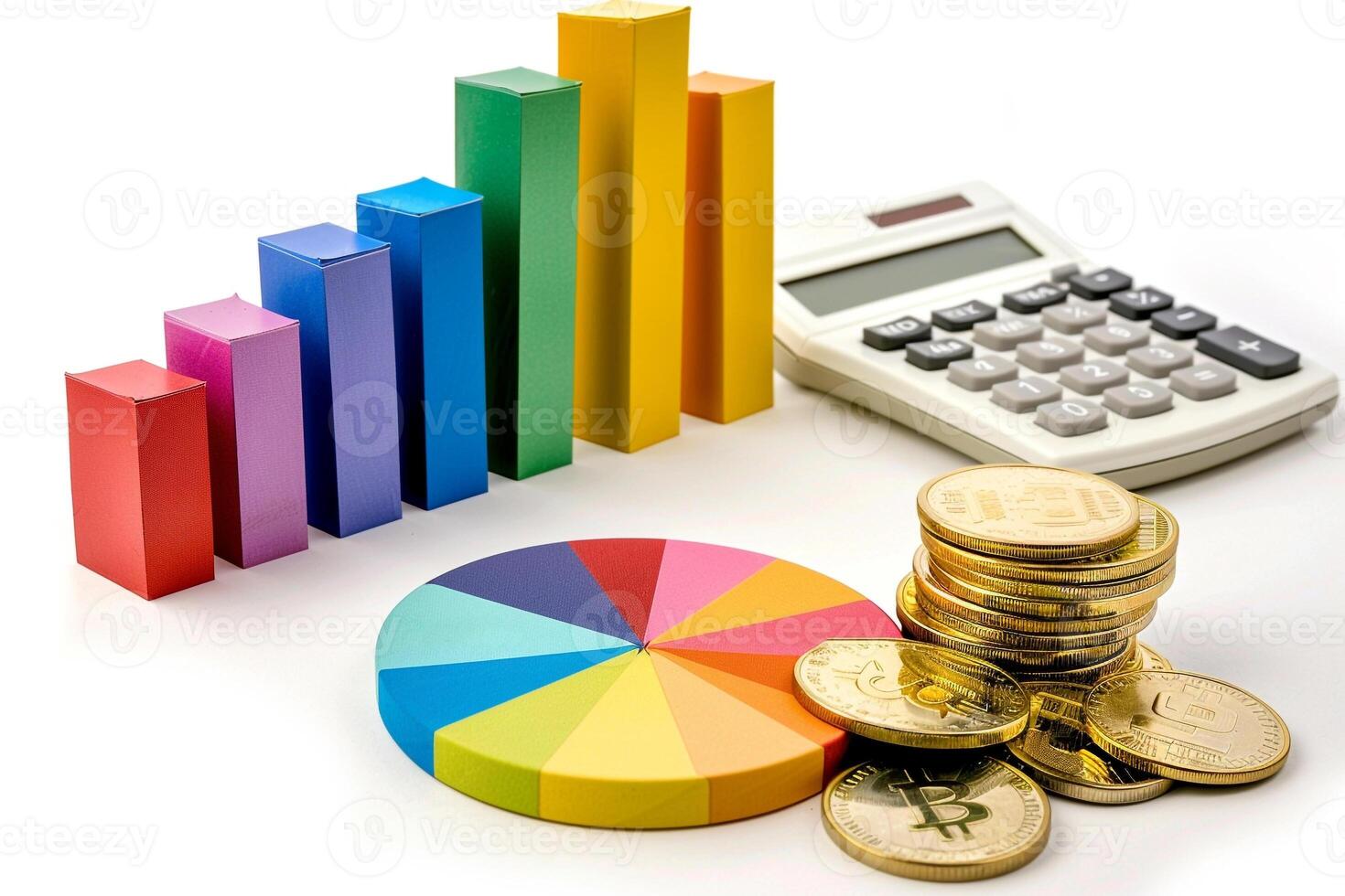 AI generated Bar graph with gold coins 3d and calculator on white background, finance business. photo