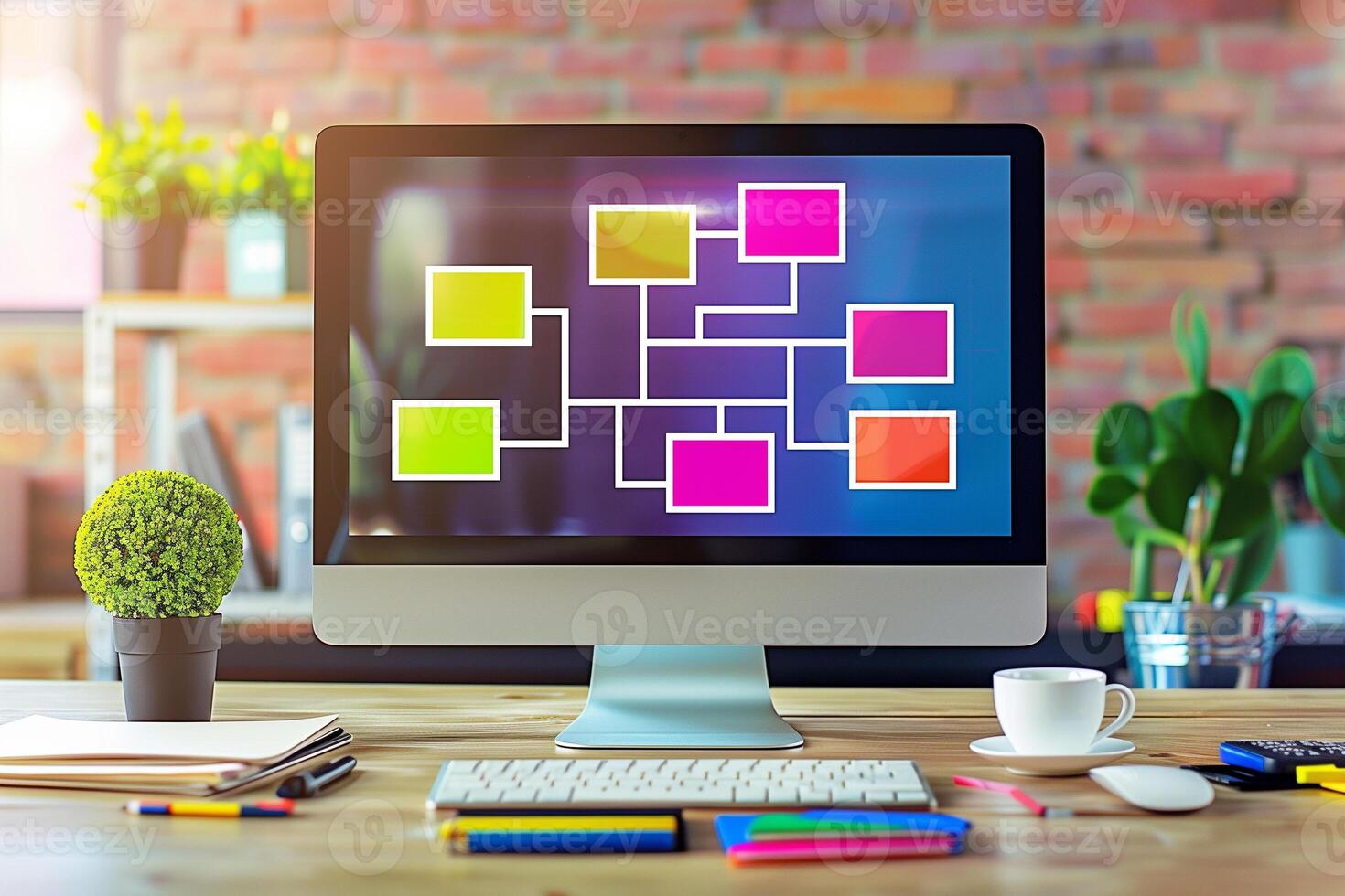 AI generated Colorful flow chart on computer screen, business workflow hierarchy algorithm processing management. photo