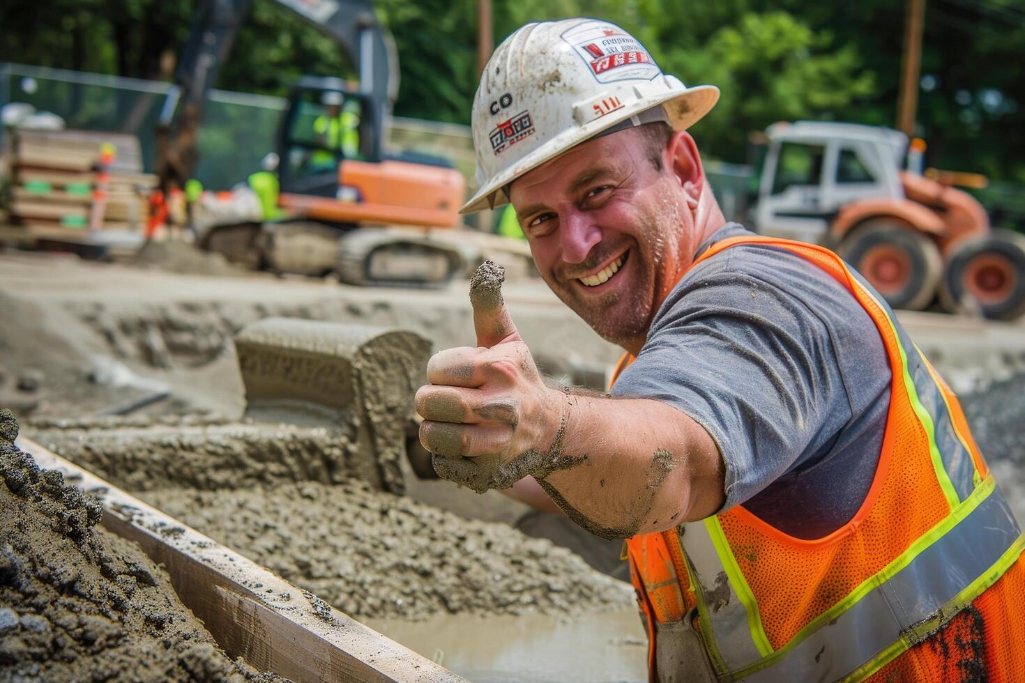 AI generated A construction worker enthusiastically giving a thumbs up while pouring concrete into a foundation showing dedication to the project photo