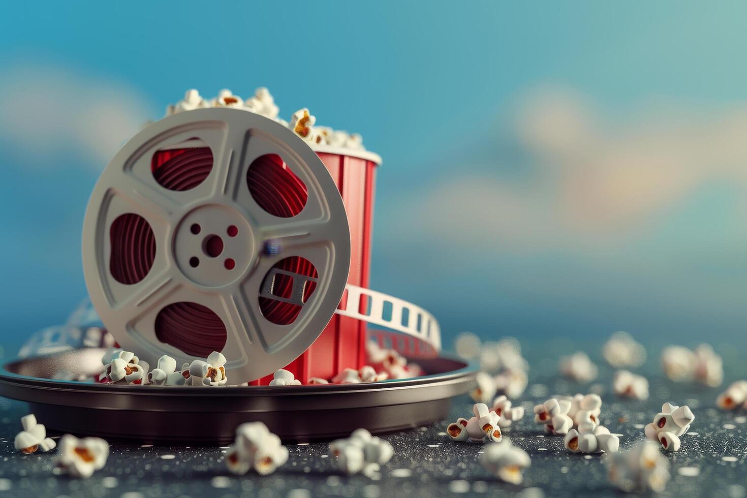 AI generated Film Reel and Popcorn in the concept of movie night or entertainment photo