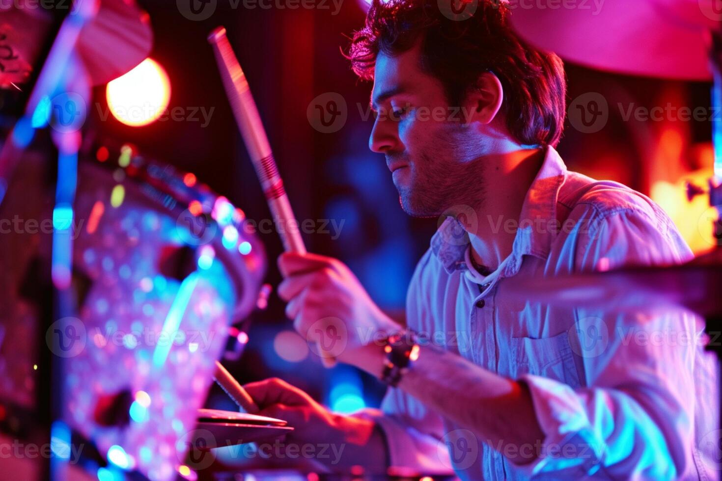 AI generated male drummer playing the drums in the concert bokeh style background with generative ai photo
