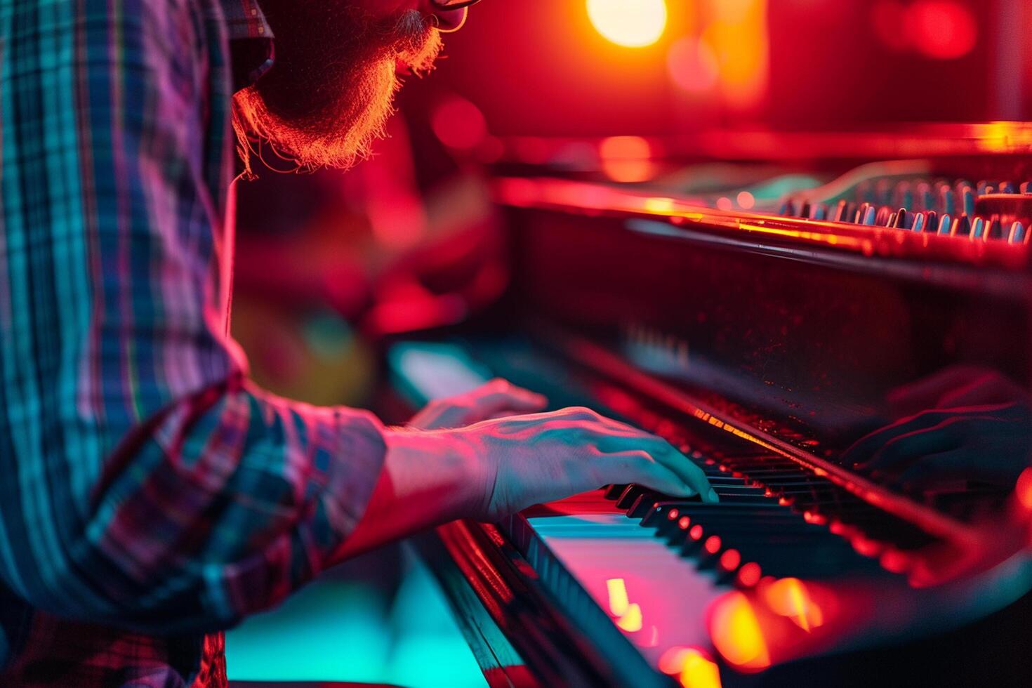 AI generated male keyboard player playing the keyboard in the concert bokeh style background with generative ai photo