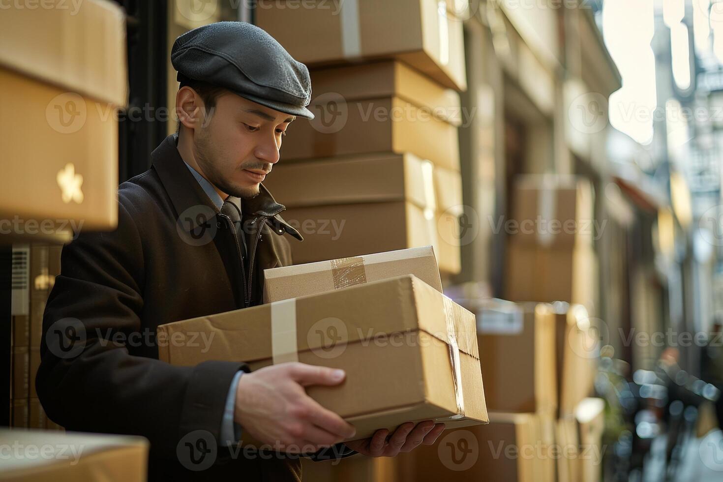 AI generated A courier in stylish attire making special deliveries to the doorstep emphasizing the importance of delivering in pristine condition photo
