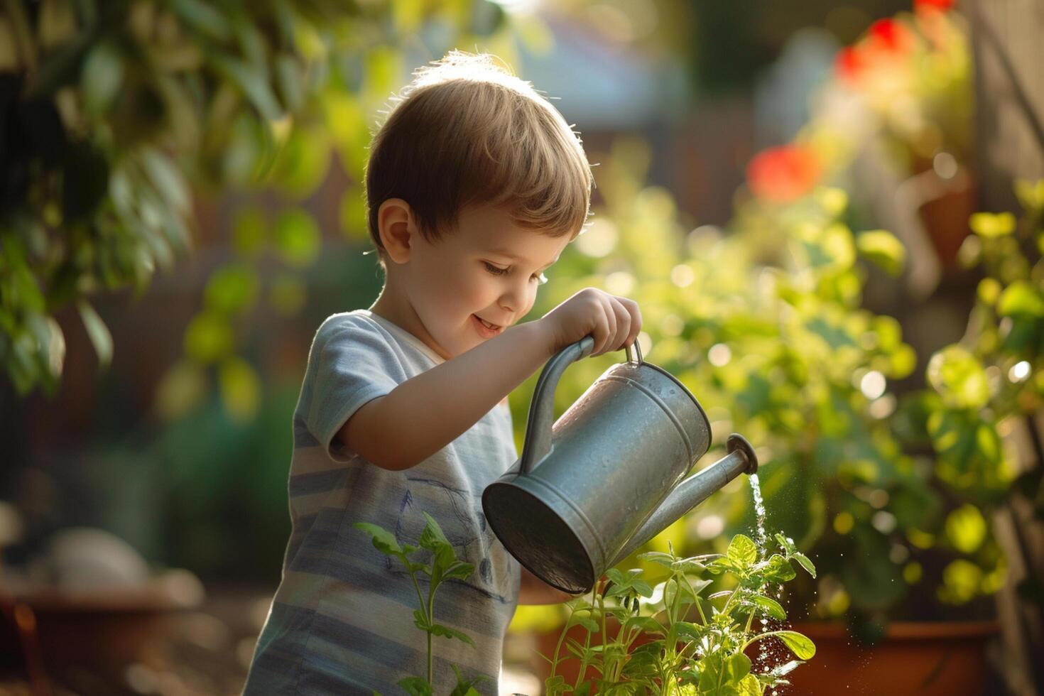 ai generado joven chico niño riego plantas bokeh estilo antecedentes con generativo ai foto