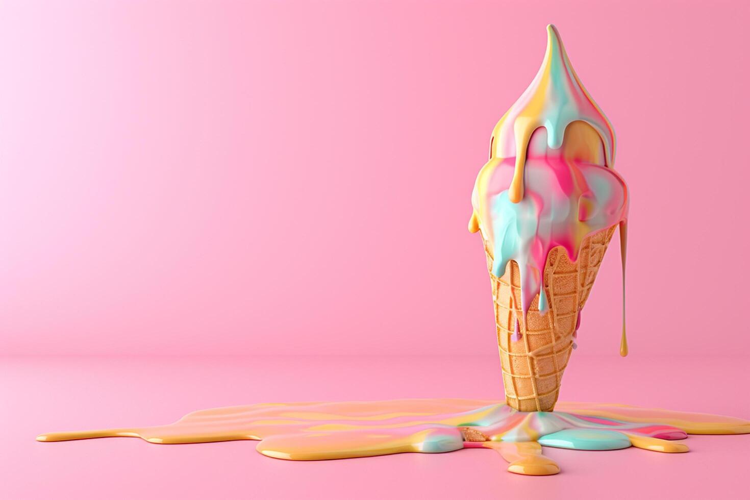 AI generated 3d ice cream melting on pink background with generative ai photo
