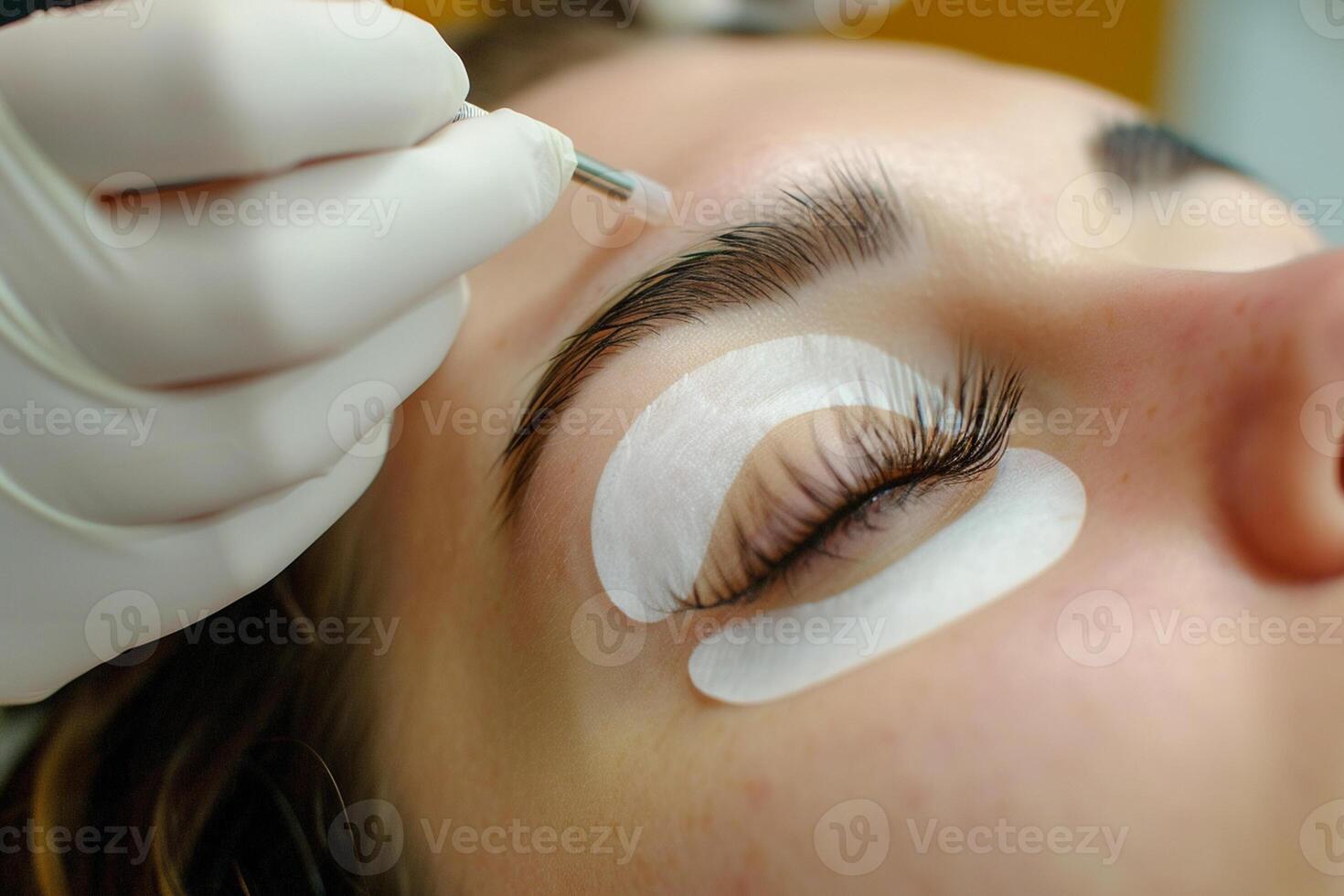 AI generated false eyelash extensions to woman customer bokeh style background with generative ai photo