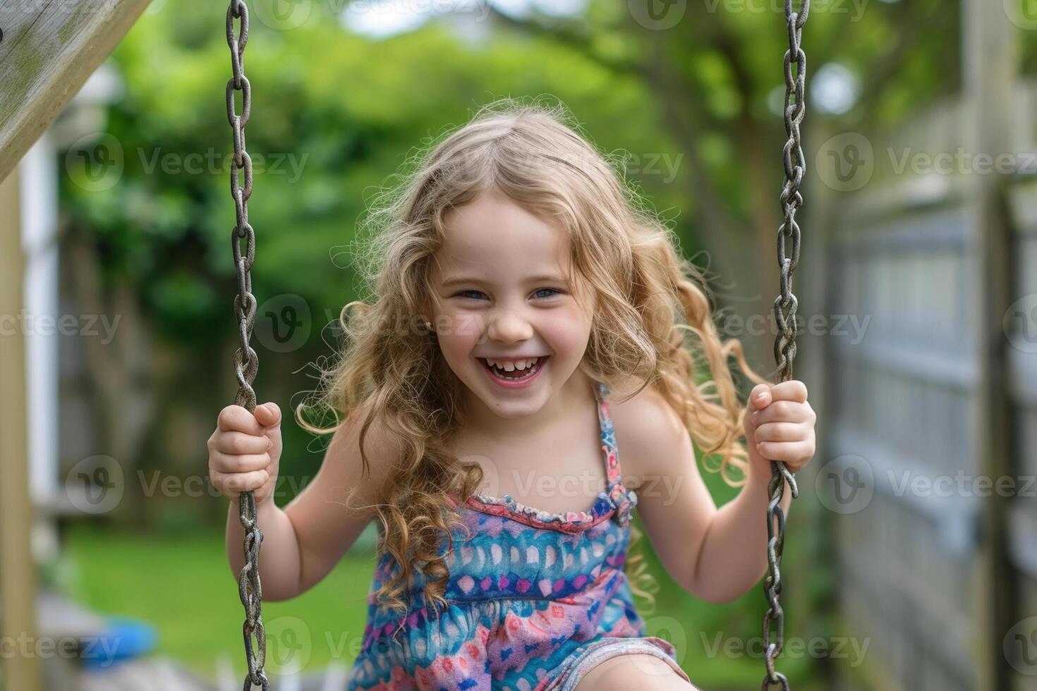 AI generated young girl kid sitting on swing bokeh style background with generative ai photo