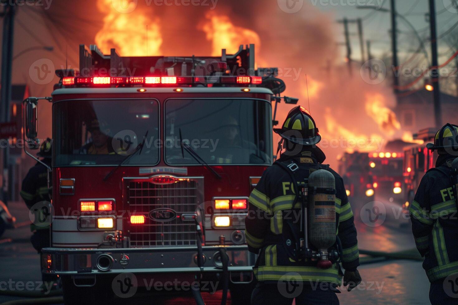 AI generated Fire truck and firefighters team are extinguishing fire bokeh style background with generative ai photo