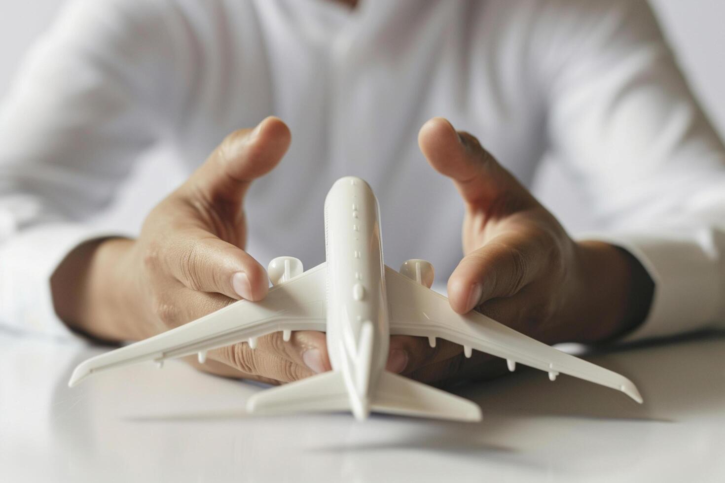 AI generated businessman with plane model travel insurance symbol bokeh style background with generative ai photo