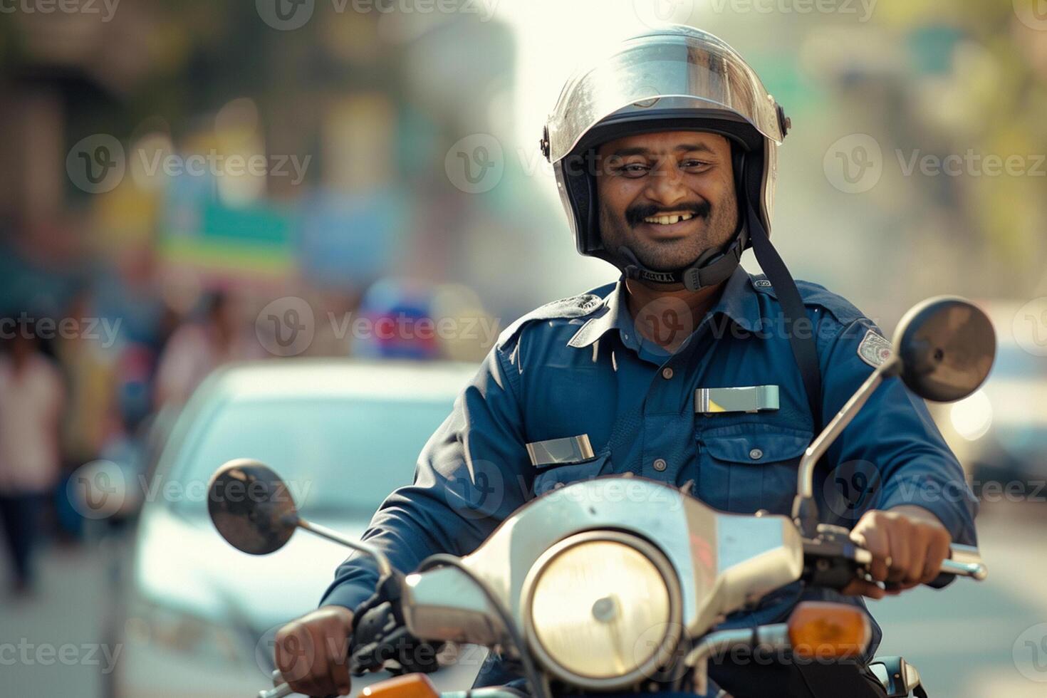 AI generated Indian policeman riding a motorcycle bokeh style background with generative ai photo