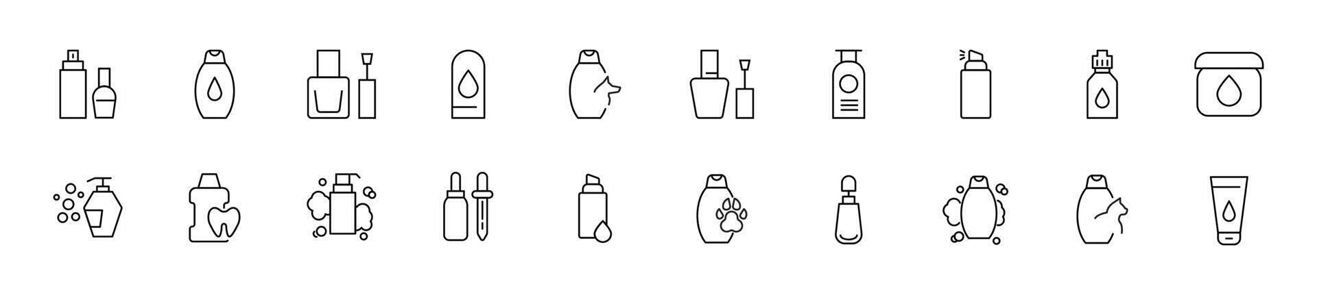 Collection of thin line icons of various bottles for cosmetic. Linear sign and editable stroke. Suitable for web sites, books, articles vector