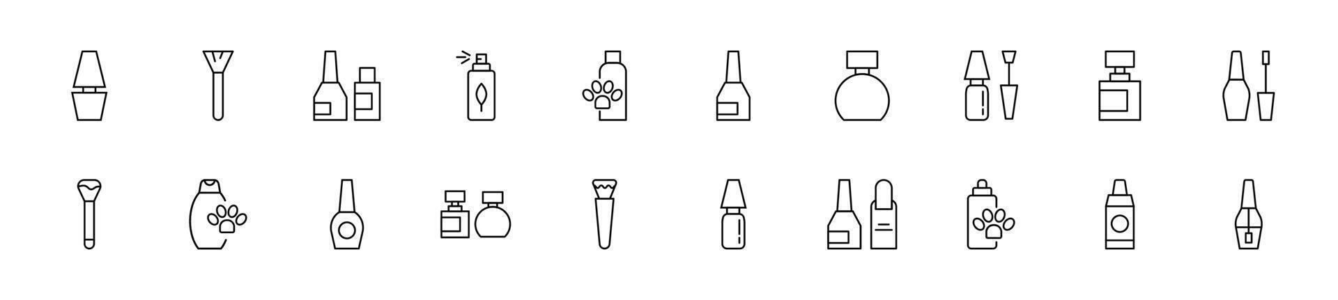 Collection of thin line icons of cosmetics brushes and bottles. Linear sign and editable stroke. Suitable for web sites, books, articles vector