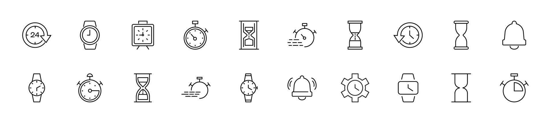 Collection of thin line icons of clocks, watch, timers, alarm clocks. Linear sign and editable stroke. Suitable for web sites, books, articles vector