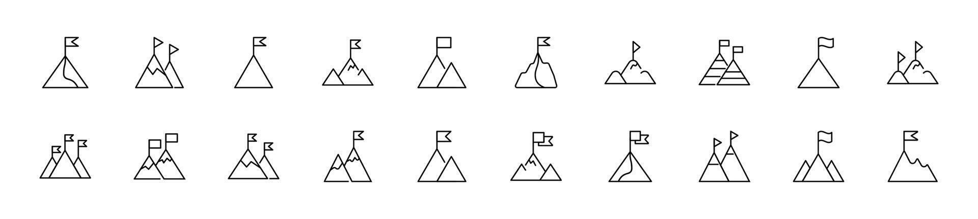 Collection of thin line icons of flag on top of mountains. Linear sign and editable stroke. Suitable for web sites, books, articles vector