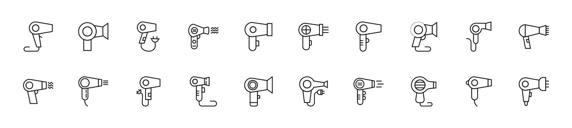 Collection of thin line icons of hairdryer. Linear sign and editable stroke. Suitable for web sites, books, articles vector