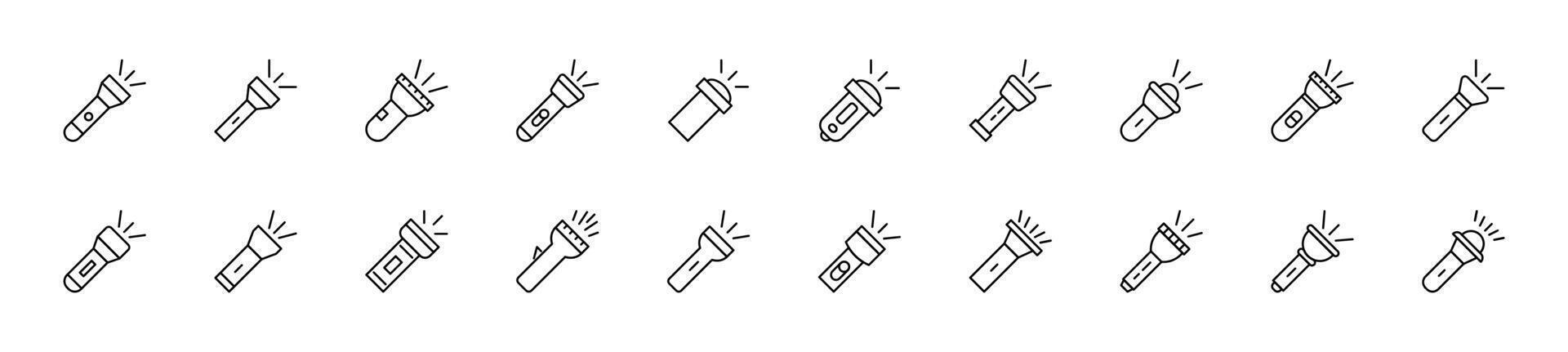 Collection of thin line icons of flashlight. Linear sign and editable stroke. Suitable for web sites, books, articles vector