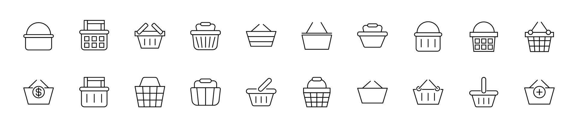 Collection of thin line icons of shopping basket. Linear sign and editable stroke. Suitable for web sites, books, articles vector