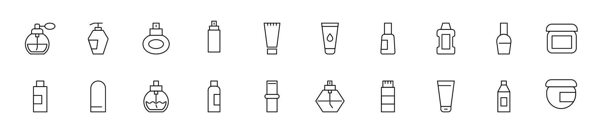 Collection of thin line icons of cosmetic bottles. Linear sign and editable stroke. Suitable for web sites, books, articles vector