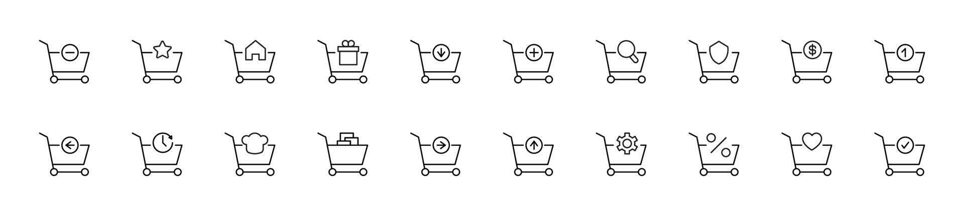 Collection of thin line icons of shopping carts by various symbols. Linear sign and editable stroke. Suitable for web sites, books, articles vector