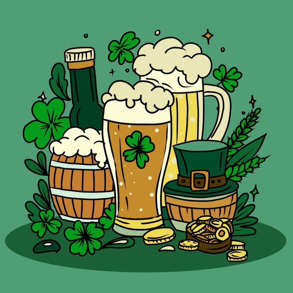 St. Patrick's Day vector illustration with beer, clover leaves, hat, pot of gold and coins.