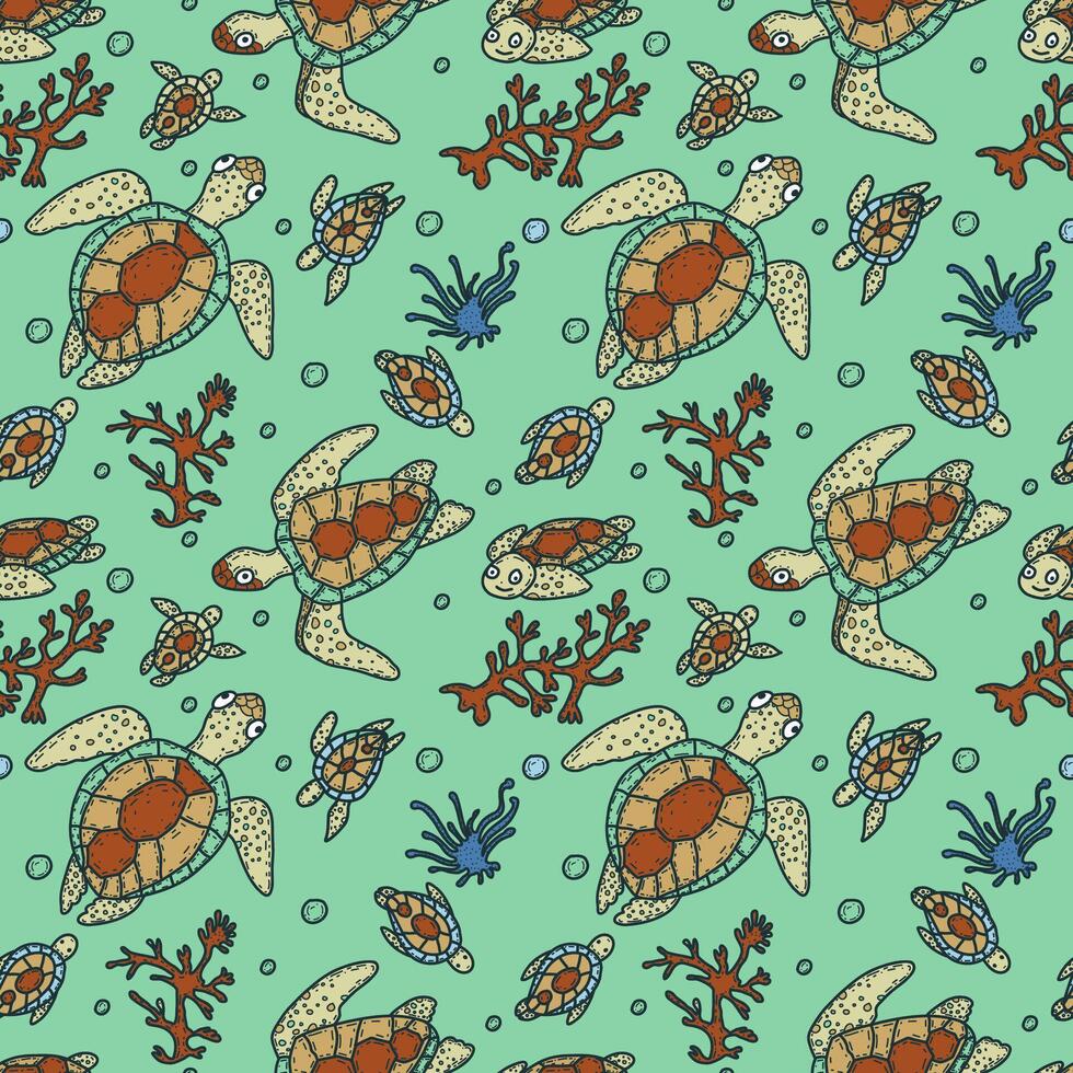 Hand drawn seamless pattern with sea turtles. Tropical underwater life background. Vector illustration.