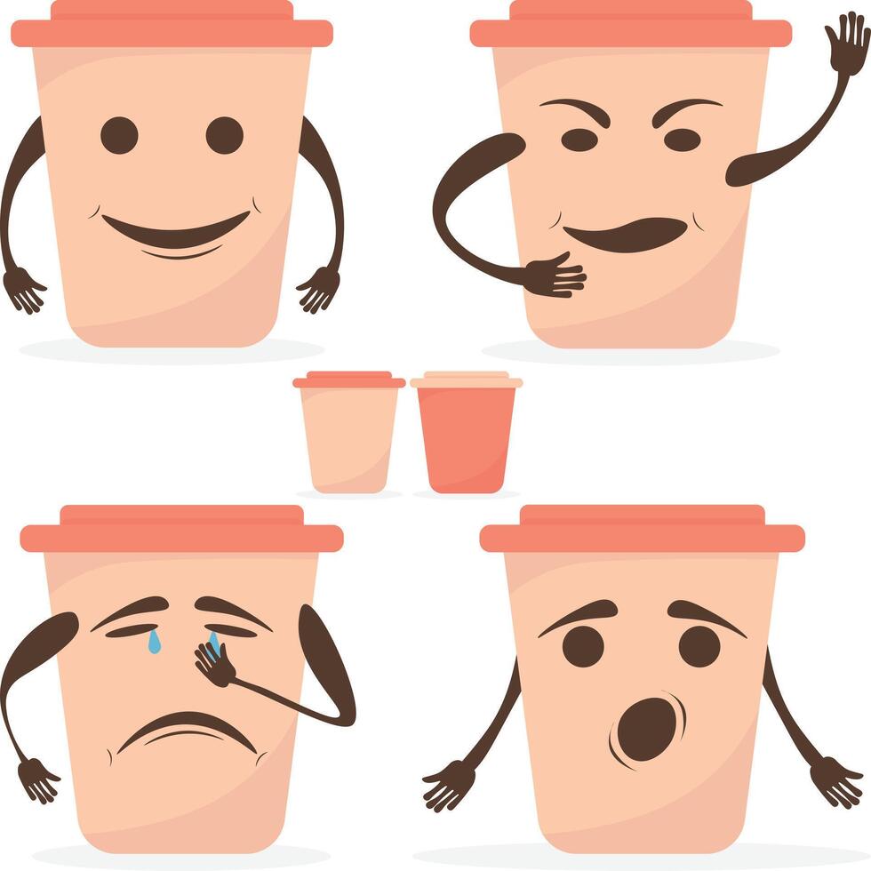 Set of cute happy coffee paper cup character with emotions. Cartoon character icon coffee to go vector