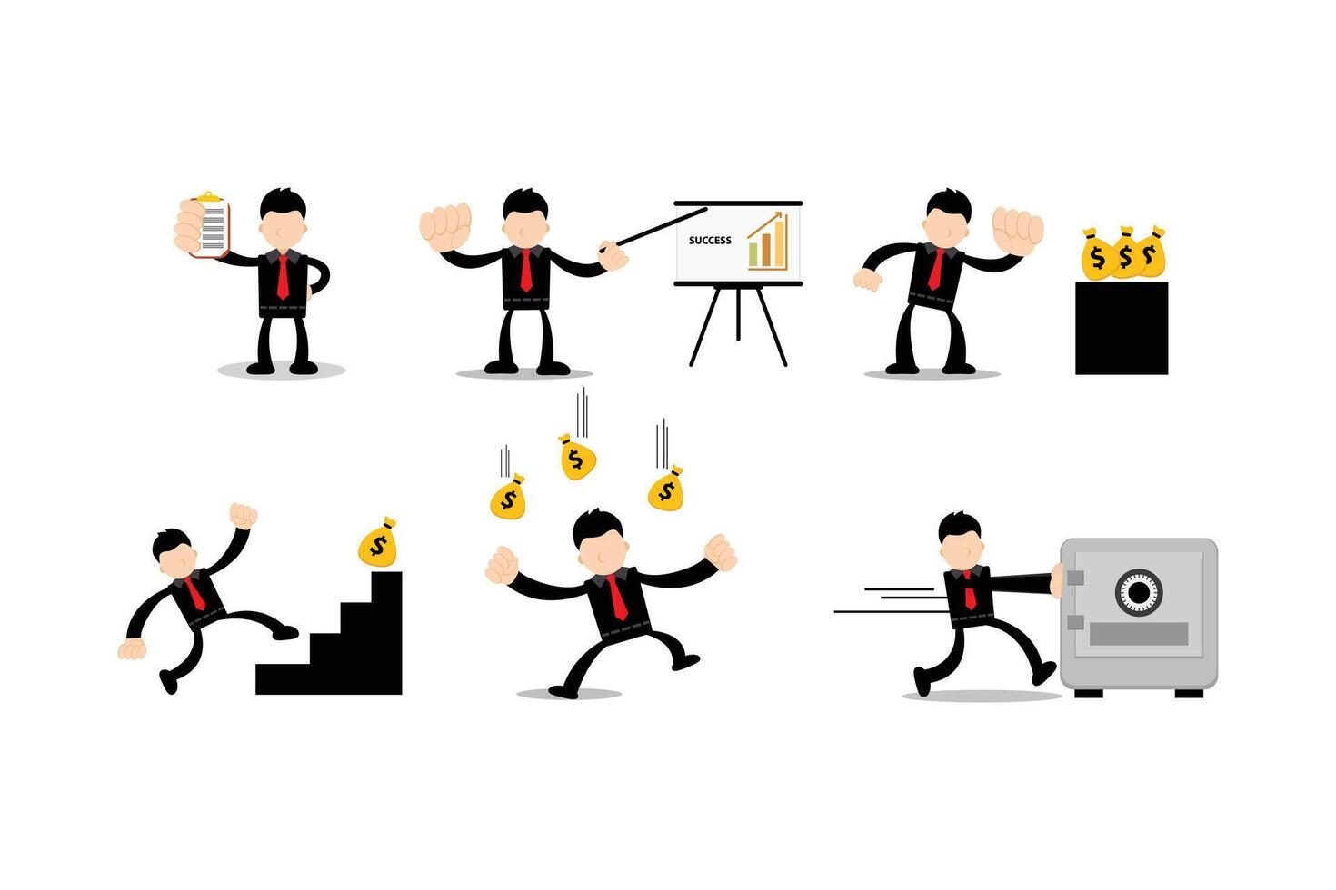 set of businessman cartoon character money profit and career vector