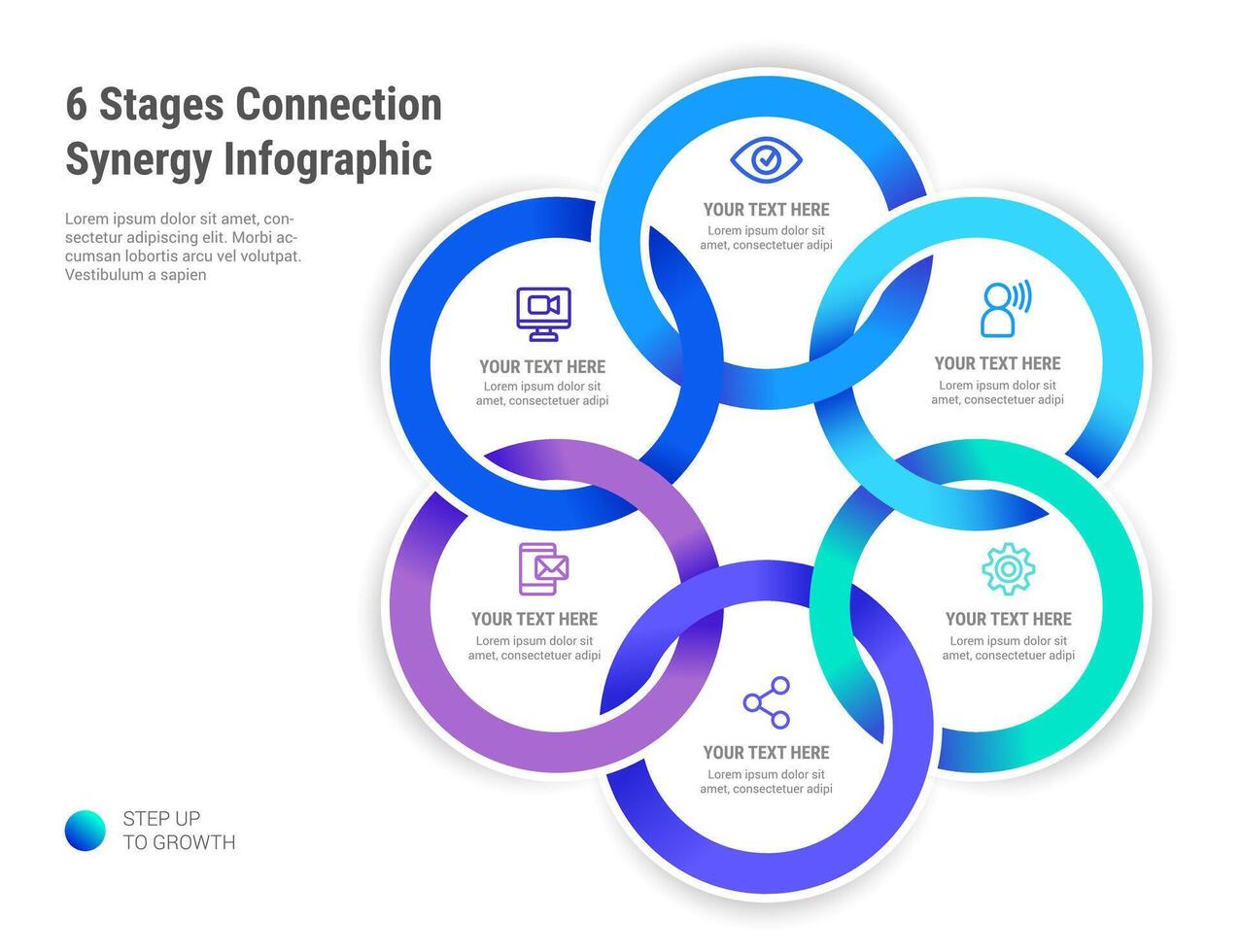 6 6 etapas conexión sinergia infografía vector