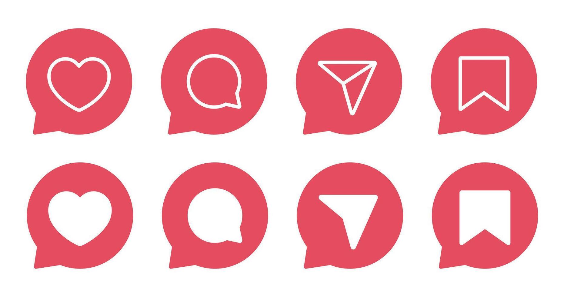 Like, comment, share, and save icon on speech bubble. Social media ui elements vector